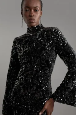 Karen Millen Velvet Sequin Flare Woven Mini Dress black Clearance
