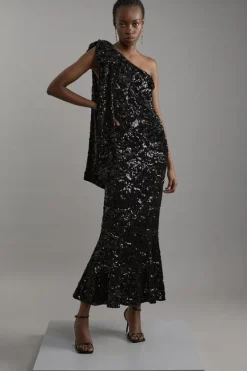 Karen Millen Velvet Sequin One Shoulder Woven Maxi Dress black Outlet