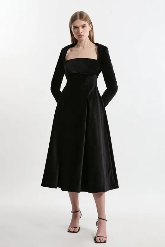 Karen Millen Velvet Tailored Pleat Full Skirted Midaxi Dress black Outlet