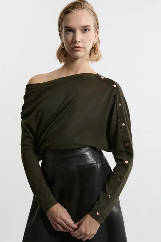 Karen Millen Viscose Blend Asymmetric Knit Sweater khaki Hot