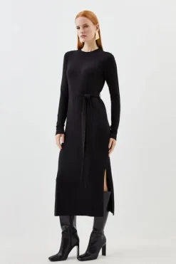 Karen Millen Viscose Blend Belted Knitted Midi Dress black Sale