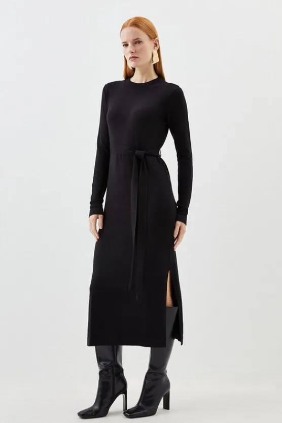 Karen Millen Viscose Blend Belted Knitted Midi Dress black Sale