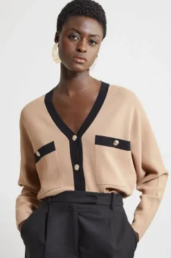 Karen Millen Viscose Blend Contrast Knit Boxy Cardigan camel Outlet
