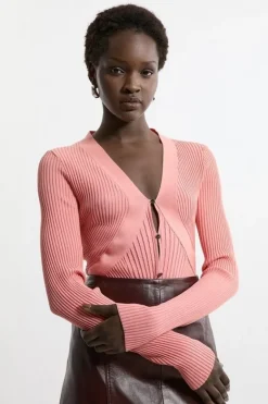 Karen Millen Viscose Blend Curve Rib Detail Knit Cardi coral Online