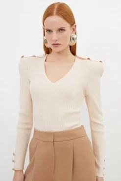 Karen Millen Viscose Blend Dry Handle Rib V Neck Military Trim Knit Top blush Online