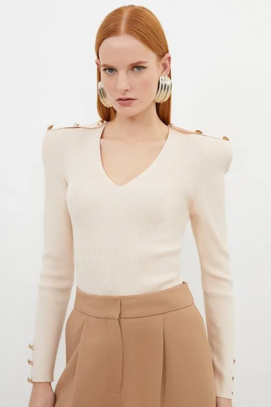 Karen Millen Viscose Blend Dry Handle Rib V Neck Military Trim Knit Top blush Online