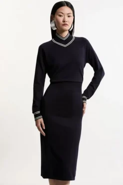 Karen Millen Viscose Blend High Neck Knit Midi Dress navy New