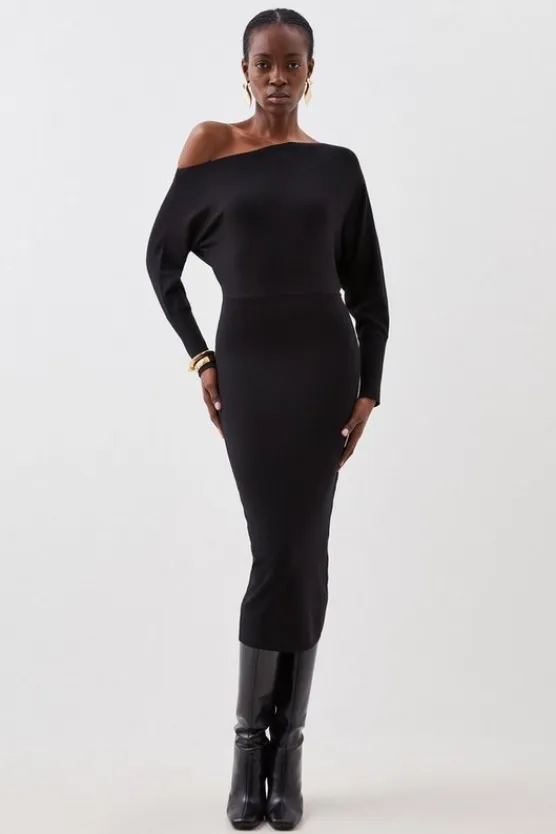 Karen Millen Viscose Blend Knit Asymmetric Neck Midi Dress black Outlet