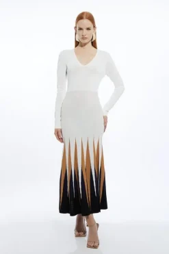 Karen Millen Viscose Blend Knit Color Block Hem Detail Maxi Dress cream Online