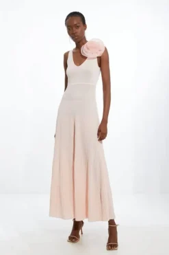 Karen Millen Viscose Blend Knit Corsage Detail Maxi Dress blush Hot