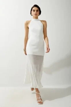 Karen Millen Viscose Blend Knit Halter Neck Sheer Skirt Maxi Dress cream Outlet