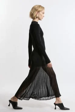 Karen Millen Viscose Blend Knit Sheer Skirt Maxi Dress black Clearance