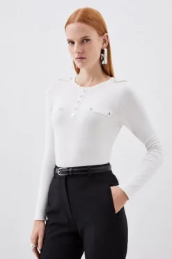 Karen Millen Viscose Blend Knitted Button Detail Sweater ivory New