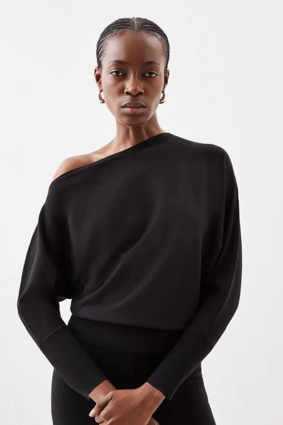 Karen Millen Viscose Blend Knitted Lounge Drop Shoulder Slouchy Top black Fashion