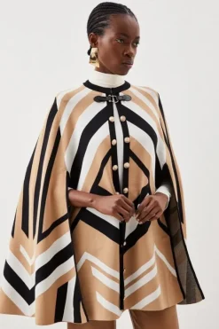 Karen Millen Viscose Blend Military Trim Knitted Cape camel Discount