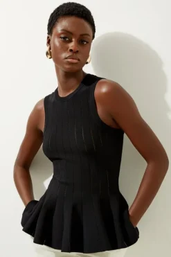 Karen Millen Viscose Blend Pointelle Detail Knit Racer Peplum Top black Online