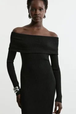Karen Millen Viscose Blend Rib Detail Off The Shoulder Knit Midi Dress black Online