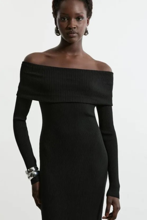 Karen Millen Viscose Blend Rib Detail Off The Shoulder Knit Midi Dress black Online