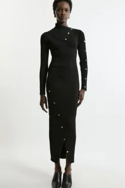 Karen Millen Viscose Blend Rib Envelope Neck Knit Midi Dress black Discount