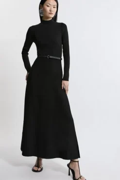 Karen Millen Viscose Blend Rib Knit Belted Midi Dress black Fashion