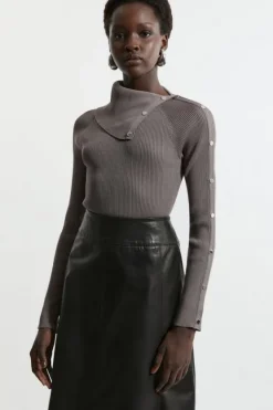 Karen Millen Viscose Blend Rib Knit Envelope Neck Top mushroom New