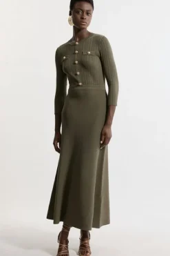 Karen Millen Viscose Blend Rib Knit Military Sleeveless Midaxi Dress khaki Sale