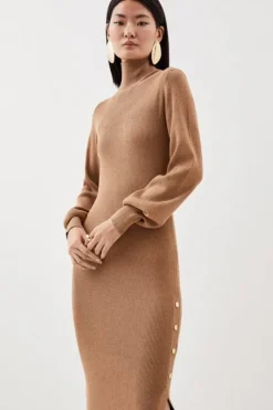 Karen Millen Viscose Blend Rib Knitted Midaxi Dress camel Sale