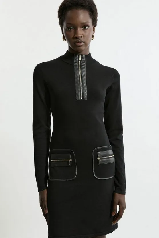 Karen Millen Viscose Blend Rib Mini Pu Detail Dress black Hot
