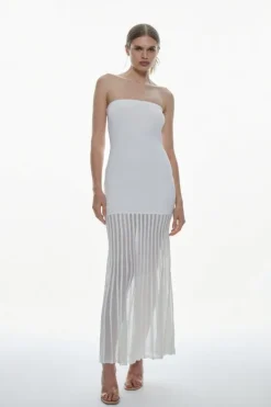 Karen Millen Viscose Blend Sheer Knit Bandeau Pleated Skirt Midaxi Dress cream Sale