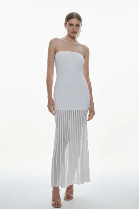 Karen Millen Viscose Blend Sheer Knit Bandeau Pleated Skirt Midaxi Dress cream Sale