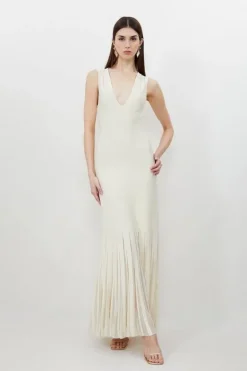 Karen Millen Viscose Blend Sheer Skirt Maxi Knit Dress cream Discount