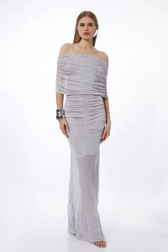 Karen Millen Viscose Blend Slinky Sheer Knit Off The Shoulder Maxi Dress grey Fashion