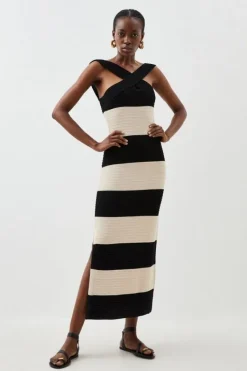Karen Millen Viscose Blend Striped Cross Front Knit Midi Dress mono Online