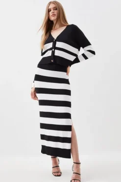 Karen Millen Viscose Blend Stripe Knit Midaxi Skirt Co-Ord mono Discount