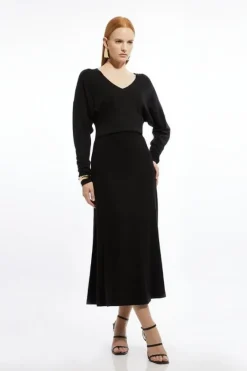 Karen Millen Viscose Blend V Neck Knit Midi Dress black Fashion