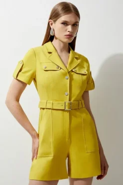 Karen Millen Viscose Cotton Stretch Belted Romper ochre New