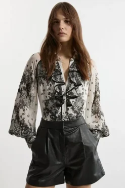 Karen Millen Viscose Crinkle Placed Lace Printed Blouse black Hot
