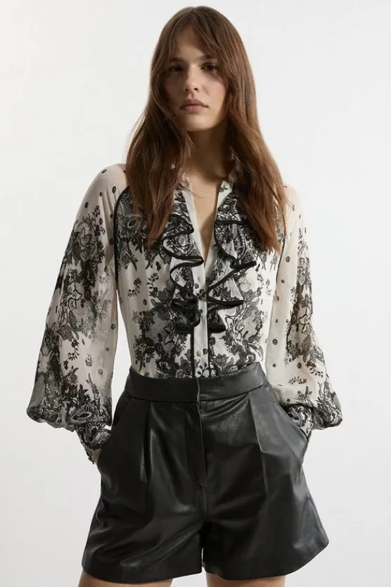 Karen Millen Viscose Crinkle Placed Lace Printed Blouse black Hot