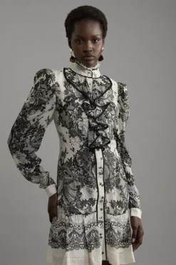 Karen Millen Viscose Crinkle Placed Lace Printed Woven Mini Dress black_white Clearance