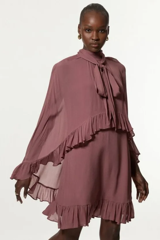 Karen Millen Viscose Georgette Cape Woven Mini Dress dustyrose Online