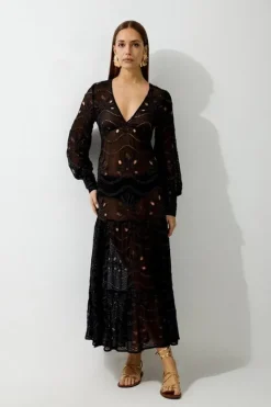 Karen Millen Viscose Georgette Cutwork Beach Maxi Dress black Best
