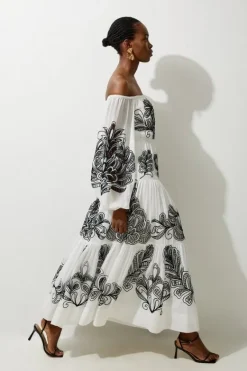 Karen Millen Viscose Georgette Placed Cutwork Off The Shoulder Woven Maxi Dress mono Best