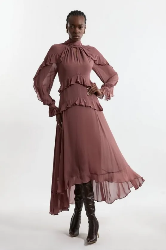 Karen Millen Viscose Georgette Ruffle Detail Drama Woven Dress dustyrose Hot