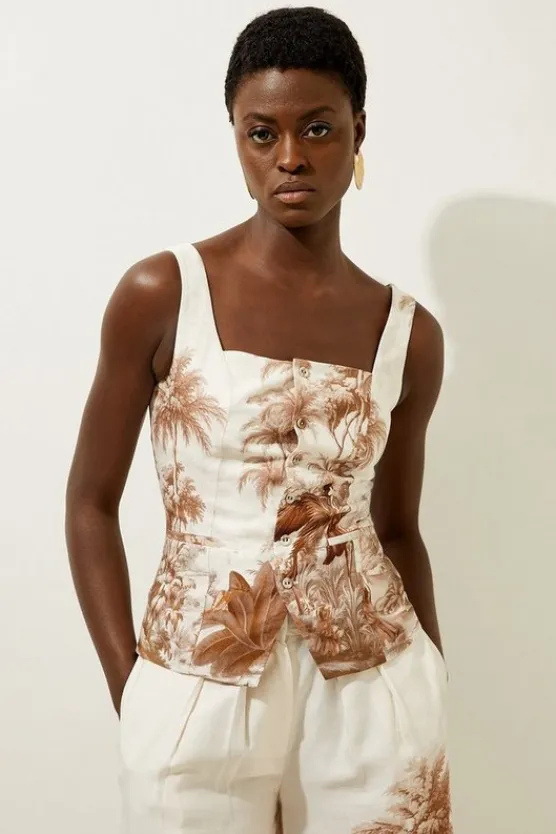 Karen Millen Viscose Linen Scenic Placed Print Strappy Top neutral Hot