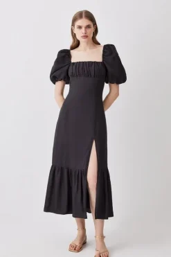 Karen Millen Viscose Linen Woven Puff Sleeve Midi Dress black Hot