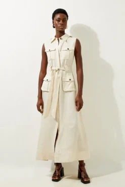 Karen Millen Viscose Linen Woven Sleeveless Shirt Midi Dress ivory Discount