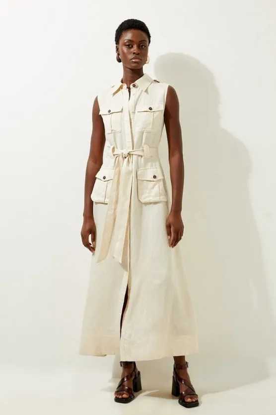 Karen Millen Viscose Linen Woven Sleeveless Shirt Midi Dress ivory Discount