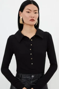 Karen Millen Viscose Rib Jersey Long Sleeve Collared Top black Outlet
