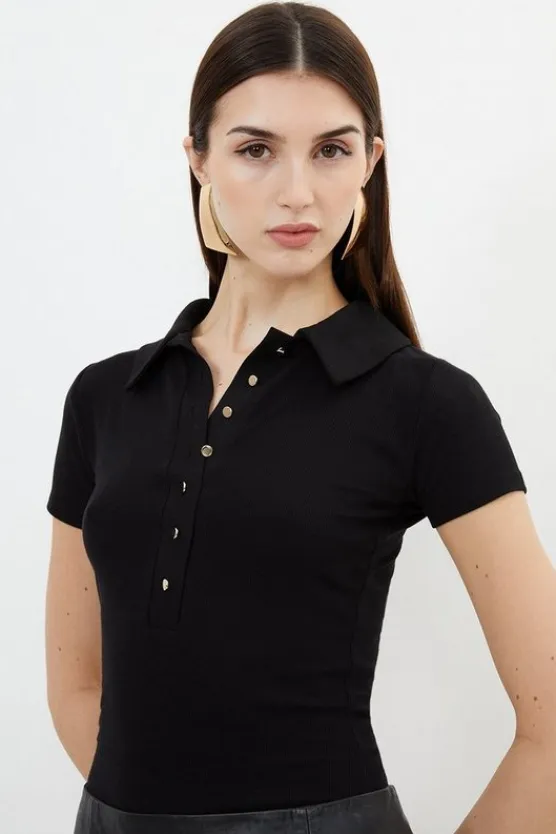 Karen Millen Viscose Rib Jersey Short Sleeve Collared Top black Hot