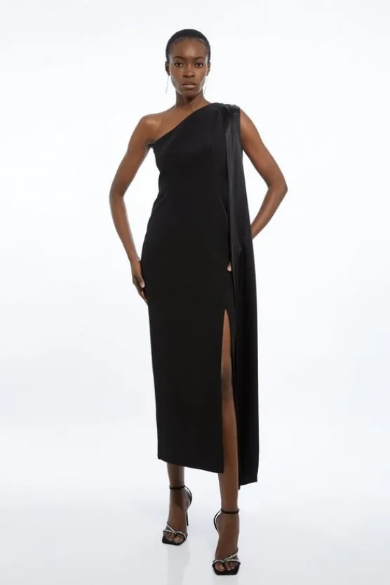 Karen Millen Viscose Satin Back Crepe Tailored One Shoulder Cape Maxi Dress black Discount